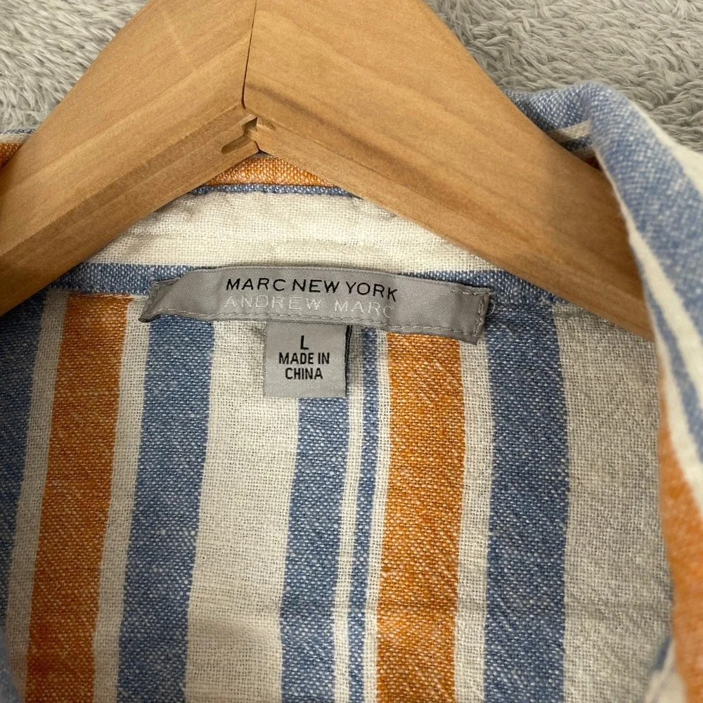 Marc New York Linen Blend Striped Peplum Top Womens Large Blue Orange Tie Waist